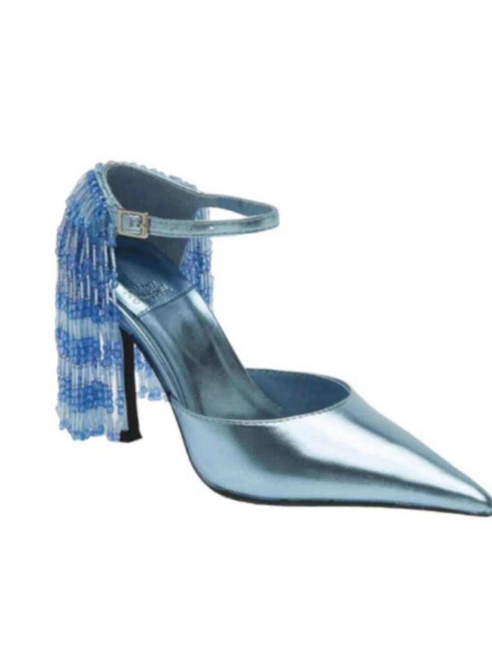 JEFFREY CAMPBELL Show Stop Light Blue Metallic Beaded Fringe Leather Pumps